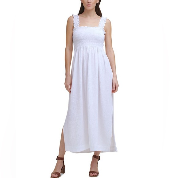 Calvin Klein Midi Dress - Light Green Medium Smocked with a Slit - Picture 5 of 6